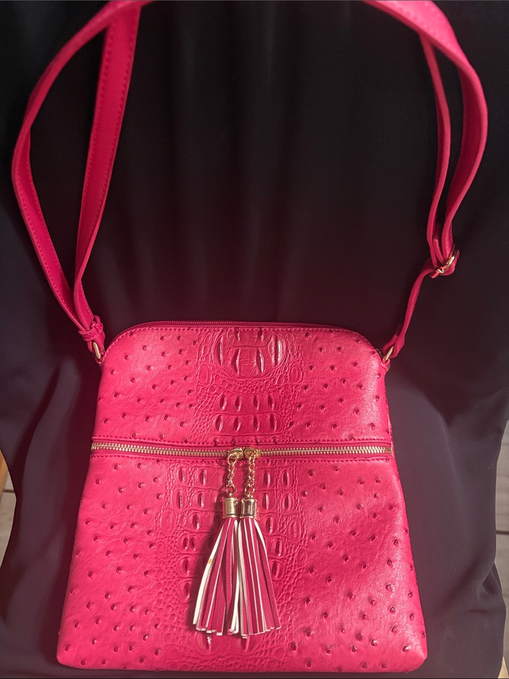 NWOT Hot Pink Faux Ostrich Crossbody Bag with Tassel Accent